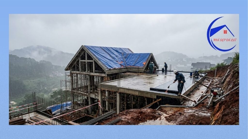 Thi công biệt thự đồi dốc tại Đà Lạt mùa mưa với hệ thống che chắn taluy và bơm thoát nước hố móng