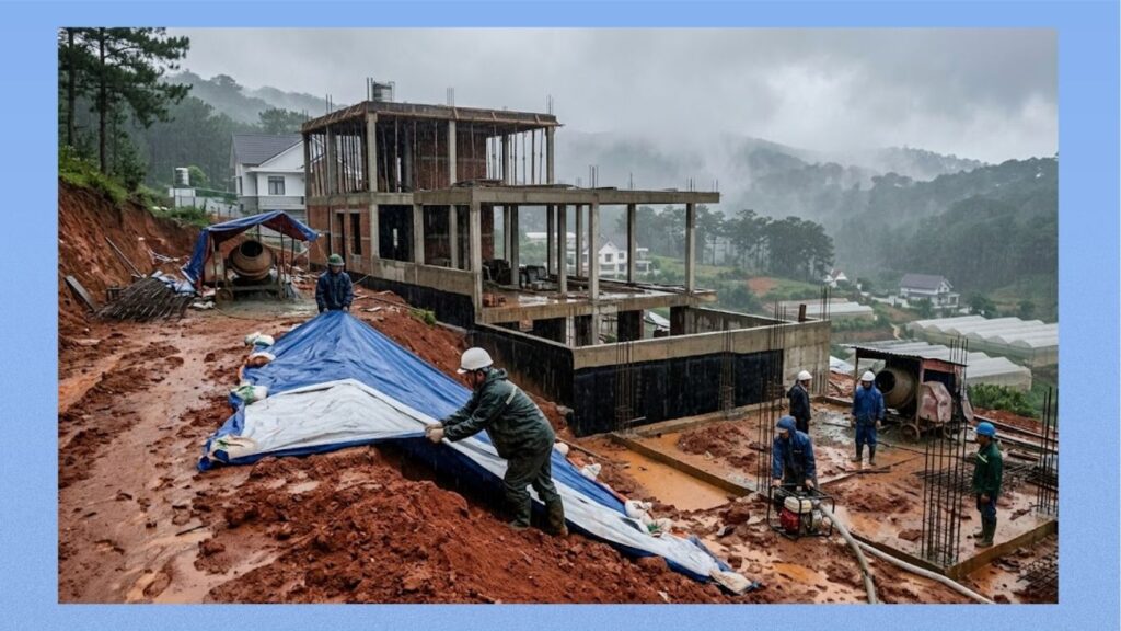 Giải pháp thi công xây nhà mùa mưa tại Đà Lạt đảm bảo an toàn móng và tiến độ công trình